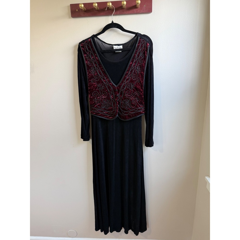 Vintage Nina Piccalino Black Maxi Dress Burgundy Velvet Embroidered Vest Size 14